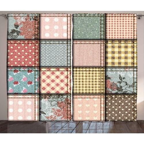 Vintage Patchwork Curtains Pastel Plaid and Polka Dot Satin Fabric Drapes for Living Room Bedroom 2 Panel Window Set