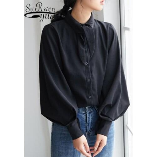 Bow Tie Rabbit Ear Temperament Lantern Sleeve Joker Loose Women Tops and Blouses Hong Kong Style Femal Vintage Shirts 6461 50