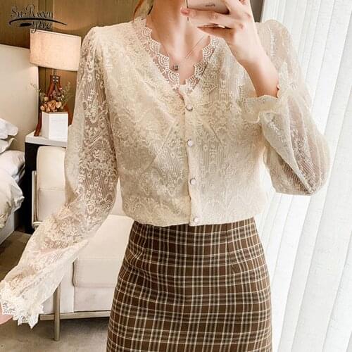 Fashion New V-Neck Lace Shirts Crochet Flower Elegant White Blouse Women 2021 Autumn Vintage Long Sleeve Button Top Blusas 11907