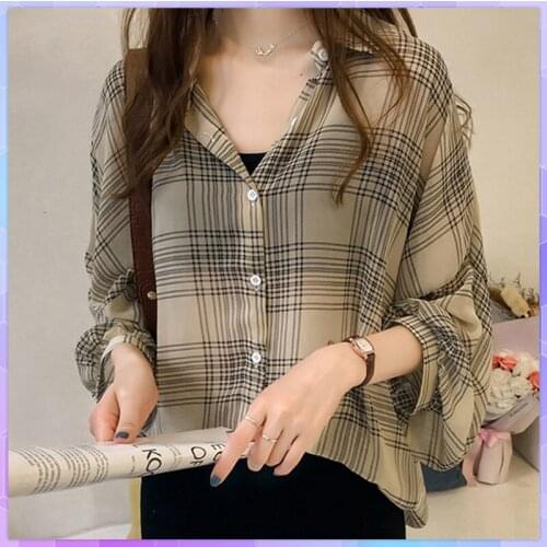 Korean Plaid Women Loose Chiffon Shirts 2021 Plus Size Casual Shirt Ladies Long Sleeve Top Vintage Tops Female Streetwear Girls
