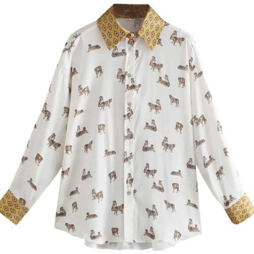 2021 women Streetwear Fashion Animal Print Loose lapel Patchwork Blouses Vintage Long Sleeve Single-breasted Female Shirts skirt