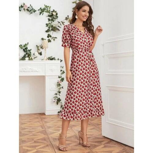 2021 foreign trade spring and summer new digital print floral V-neck short sleeve lace up elegant beach dress