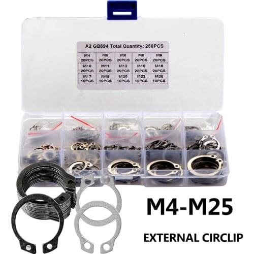 250pcs Stainless Steel 304 C type Internal Circlip Retaining Ring Assortment Kit Shaft Card External Card M4-M25 Combination Set
