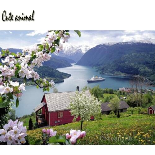 5D DIY Diamond Painting Riverbank houses flowers natural scenery Cross Stitch Diamond Embroidery Full Drill Square Rhinestones