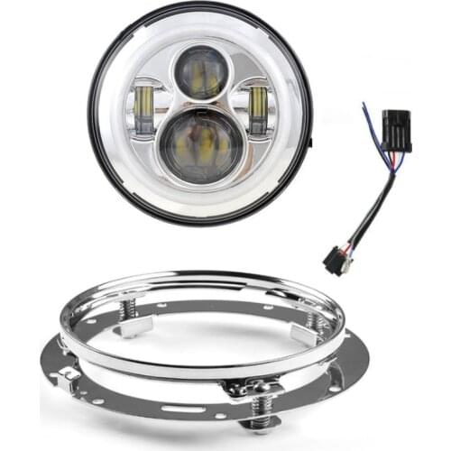 7inch LED H4 Headlight with Halo Angel Eyes + 7inch Headlight Mounting Bracket Ring for Dyna Fat Boy Cafe Racer Bobbers Yamaha