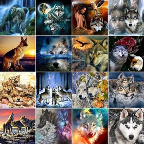 DIY 5D Diamond Painting Wolf Under The Moon Animal Mosaic Full Round Drill Diamond Embroidery Cross Stitch Rhinestone Decor Wall