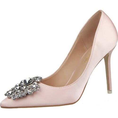 BIGTREE Women Bridal Wedding Shoes Silk Satin Rhinestone Crystal Shallow Woman Pumps Stiletto High Heel Plus Size 43 Office Shoe