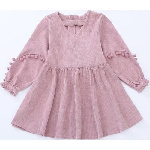 2018 Autumn Corduroy Pompoms Lantern Sleeve Dresses Vintage Style Baby Girl Velvet Dress Bowknot Winter Kids for Girls