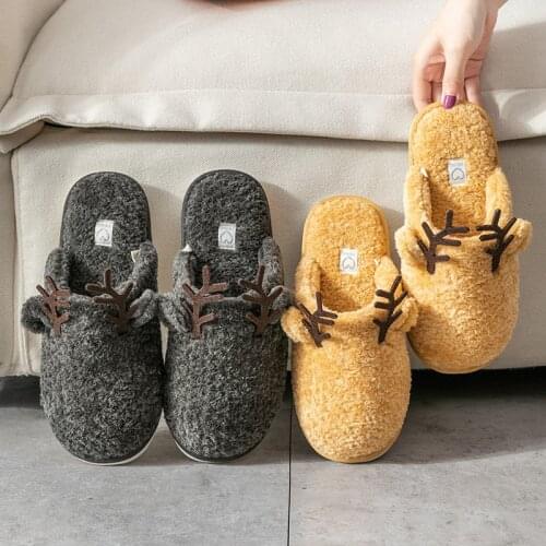 Couples Home Leisure Indoor Anti-slip Winter Warm Thick-soled Soft-soled Antlers Winter Cotton Slippers Women Warm Slippers