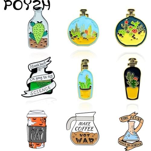 Plants in the bottle Enamel Brooch Cactus succulent plant Test tube coffee pot coffee cup Lapel Pin Bag jackets custom Badge