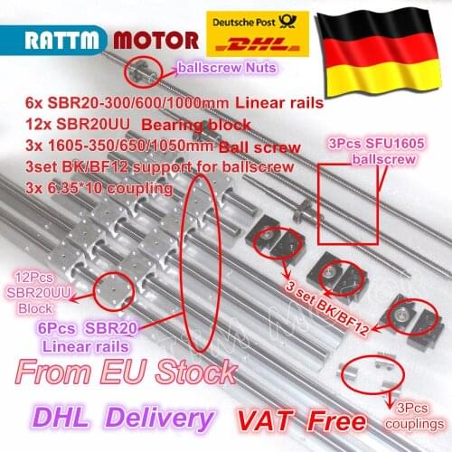 EU free VAT 3 ballscrew SFU1605-350/650/1050+3BK/BF12 & 3set BK/BF12 & 6pcs SBR20 Linear Guide rails & 3 couplers for CNC Kit