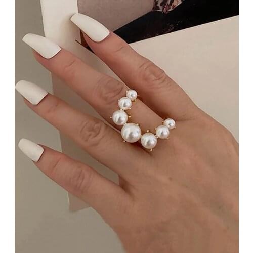 HuaTang 2pc/set Fashion Big Geometric Pearl Paved Rings for Women 2021 New Jewelry Personality Statement Open Ring Jewelry 18316