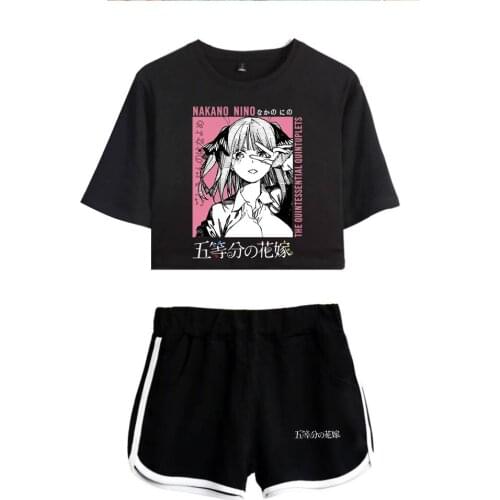 The Quintessential Quintuplets White Exposed Navel T-shirt+Black Shorts Casual Womens/Girls two-piece Sets Y2K Fashion Clothes