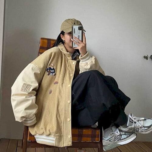 Womens Bomber Baseball Jacket Corduroy Coats Women Spring Autumn 2020 New Korean Loose Kawaii Bear Streetwear Plus Size Clothes