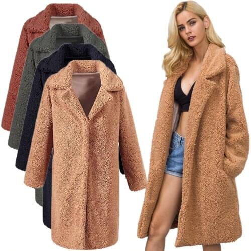 Women Winter Fashion Warm Plush Faux Fur Long Jacket Lapel Furry Womens Coat Overcoat
