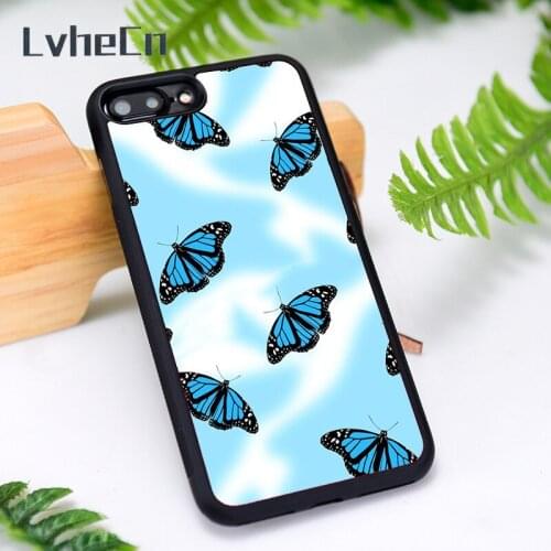 LvheCn Silicone Rubber Phone Case Cover for iPhone 6 6S 7 8 Plus X XS XR 11 12 Mini Pro Max Blue Pastel Tie-Dye Butterfly