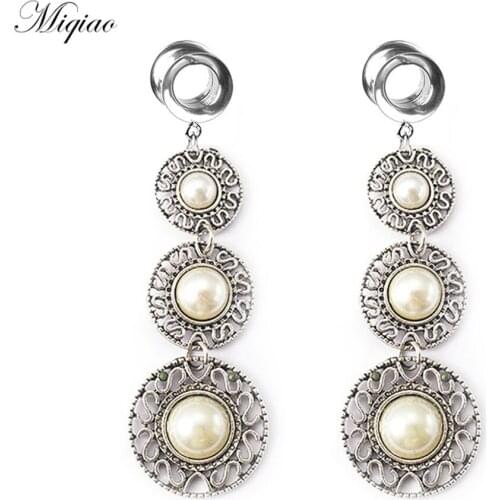 Miqiao 2pcs Fashion Hot Sale Stainless Steel Three-layer Pearl Ring Hat Double Horn Ear Expander Human Body Piercing Jewelry