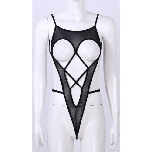Fashion Retro Women Mesh Bodysuit Sexy Exotic Hollow Out See-Through Strappy Backless Spaghetti Strap Leotard Lingerie Nightwear