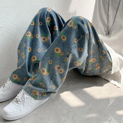Korean Streetwear Male Pants Mens Graphic Printed Jeans Woman 2021 Autumn Fashion Trousers Casual Oversize