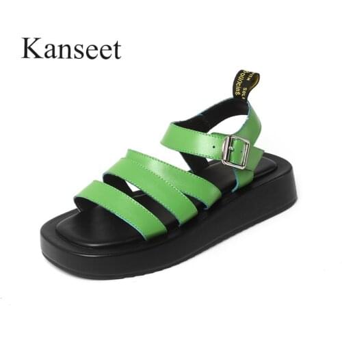 Kanseet Flat Sandals Shoes Women Summer 2021 Platform Comfort Sandals Round Toe Genuine Leather Shoes Flat Lady Footwear Size 40