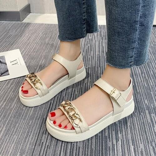 Summer Outdoor Women Leisure Sport Sandals 2021 Trendy Chain Design Flat Heel Comfortable Round Head Sandy Beach Woman Shoes