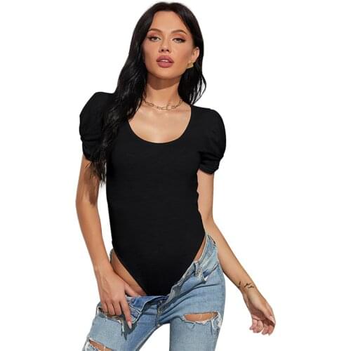 Sexy Bodysuit Women Short Puff Sleeve O-neck Solid Color Casual Bodysuit Bottoming Shirt Suit Office Lady One Piece Bodysuits