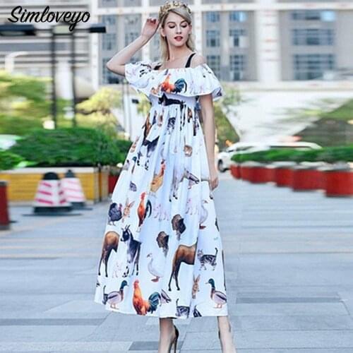 SIMLOVEYO women ruffles long dress spaghetti strap animal Printed Short Strap Party Dress Runway Dress vestidos de fiesta