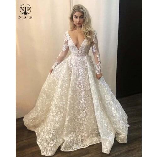 HL Vintage Robe De Mariee Plunging V Neck Illusion Flora Lace A Line Bling Bling Long Sleeve Wedding Dresses