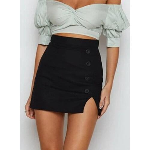 Ladies Summer Sexy Bag Hip Skirt Slim A-Line Short Skirt High Waist Button Split Solid Color Skirt