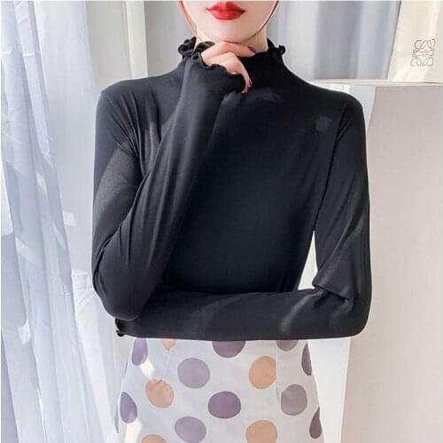 Women Long Sleeve T-shirts Solid Turtleneck Thin Fleece Tops Tees Charm Office Ladies Basic Shirts Fall Female Tshirts