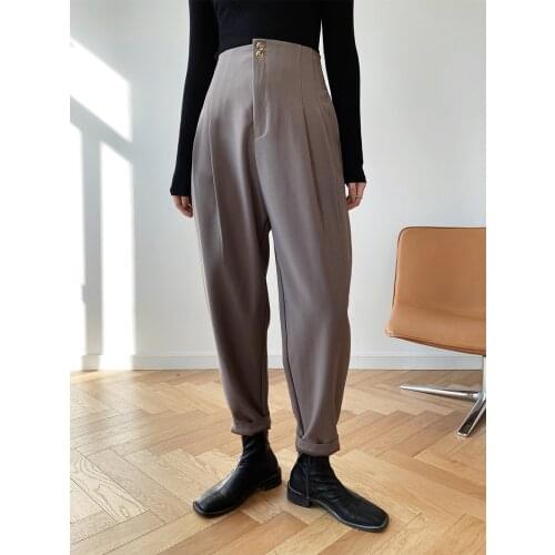 Women Office Lady Gray Suit Pants 2021 High Waist Casual Long Trousers Female Pockets Pleated Solid Pants