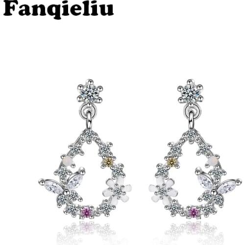 Fanqieliu Colorful Zircon Earring Retro Butterfly Love Flower Earrings Sterling 925 Silver Drop Earrings For Women FQL20274