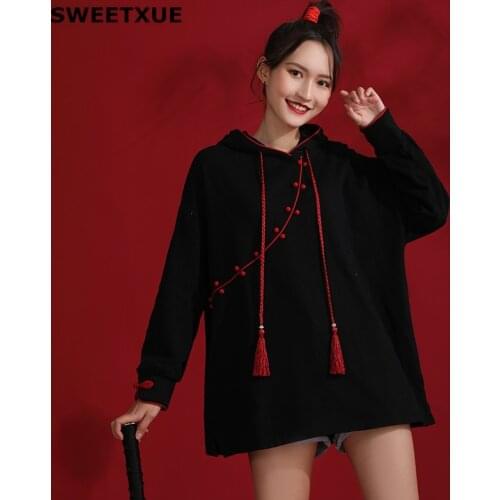 SWEETXUE 2020 Women Autumn Chinese Girl Cheongsam Improved Plus Size Loose Casual Sweatershirts Long Sleeve Hoodies Hooded