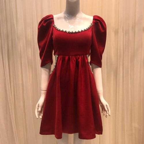 Women Glitter Diamonds Sweet Dress Hollow Out High Waist Puff Sleeve