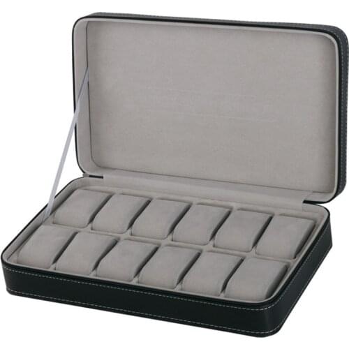 12 Slots Black Watch Box 33*20*7.5CM Portable Leather Zipper Watches Display Case Storage Organizer Holder Watch Gift Boxes