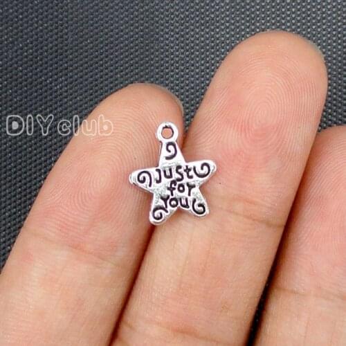 200pcs-Star Charms, Antique Silver 2 Sided Just For You Star Charm Pendant 13x12mm