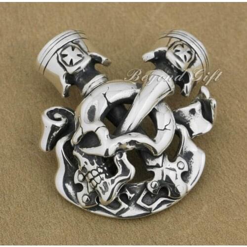 925 Sterling Silver Skull Engine Cross Mens Biker Punk Pendant 9P010 Ghost Rider