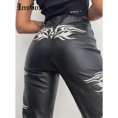 InsGoth Streetwear Faux PU Leather Y2K Pants Harajuku Grunge Punk High Waist Straight Black Pants Casual Loose Women Trousers