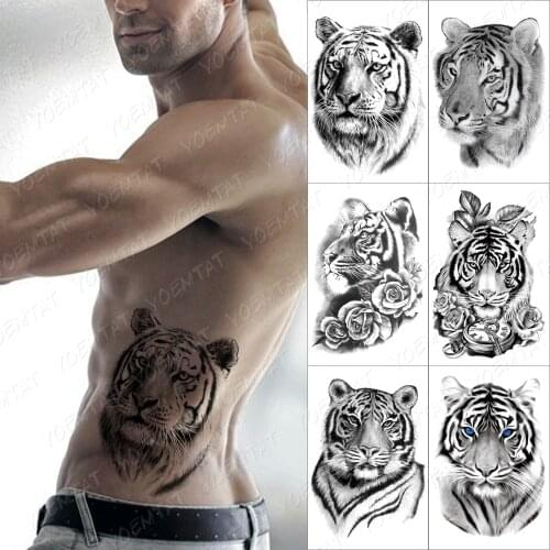 Black Tiger Temporary Tattoo Sticker For Men Women Flowers Wolf Lione Fox Waterproof Fake Henna Skull Animal Body Art Tatoo