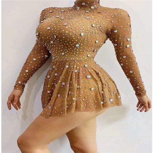 H36 Party Dancer Mesh High Elastic Pearl Long Sleeve Bodysuit Slim Backless Rhinestone One-Piece Dress Starry Sky Singer Club Dj