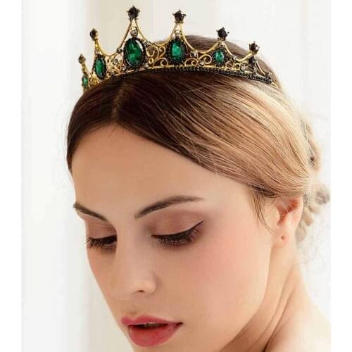 FORSEVEN Baroque Vintage Green Crystal Crown Tiaras Wedding Bridal Hair Accessories Flower Tiara Headpieces tocados para novia