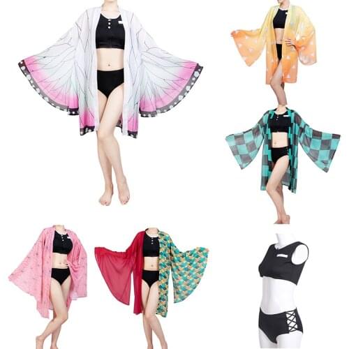 Demon Slayer Cosplay Kimetsu no Yaiba Kamado Tanjirou Cosplay Two Piece V Neck Bathing Suit Swimsuit with Sheer Kimono Cardigan