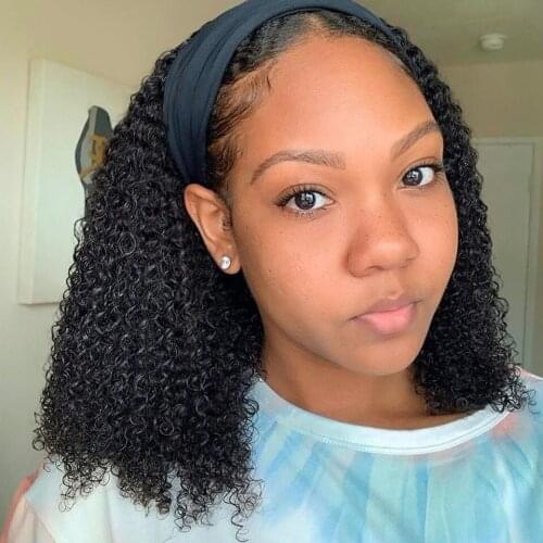 Kinky Curly Headband Wigs Human Hair Scarf Wigs Peruvian Remy Hair Half Wigs Glueles 180% Density For Black Women