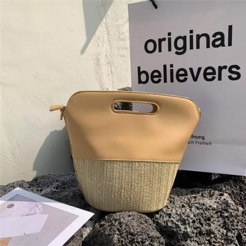 Fashion Patchwork Straw Bucket Bags Design Rattan Women Handbag Luxury Woven Shoulder Crossbody Bag Summer Beach Small Tote 2021