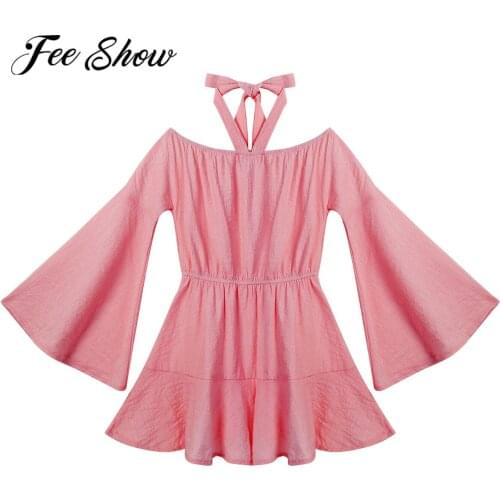 Fashion Kids Jumpsuit For Girls Summer Pure Color Off-Shoulder Flared Long Sleeves Romper Jumpsuit Dress Girls Overalls Outfit