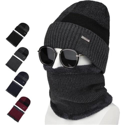 2019 Men Plush Winter Skullies Beanies Rings Sets Ventilate Elastic Plaid Thick Neck Ear Warm Soft Hat Scarf Accessories-CGC-W7