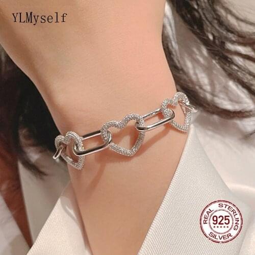 Real 925 Silver 15.8/18cm Link Bracelet Micro Pave full Zircon Heart Design With Gift Box Luxury Fine Jewelry Big Bangle