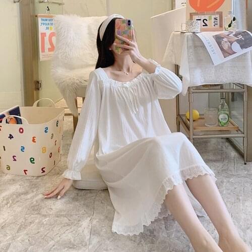 2021 Autumn Long Sleeve Cotton Nightgowns for Women Korean Cute Lace Long Dress Sleepwear Night Gown Nightdress Nightwear Nighty