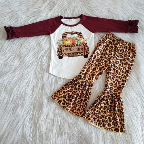 New Design Toddler Baby Girls Clothing Pumpkin Car Leopard Boutique Kids Clothing Bell Bottom Outfits Halloween Children Clothes