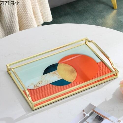 Painted Glass Trays Decorative Metal Framed Storage Tray Dressing Table Cosmetic Containers Home Golden Jewelry Display Plate